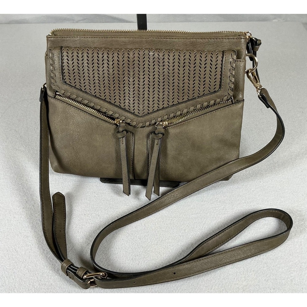 Torrid Olive Taupe Perforated Crossbody Bag Whipstitch Zip Pocket Purse